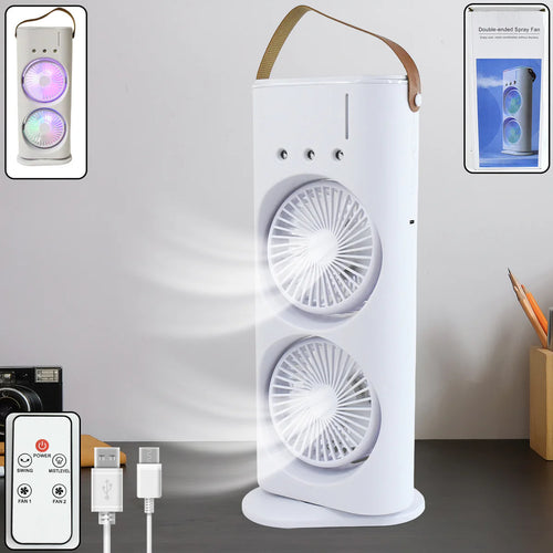 Double head desktop air cooler fan with remote and mist spray cooling system