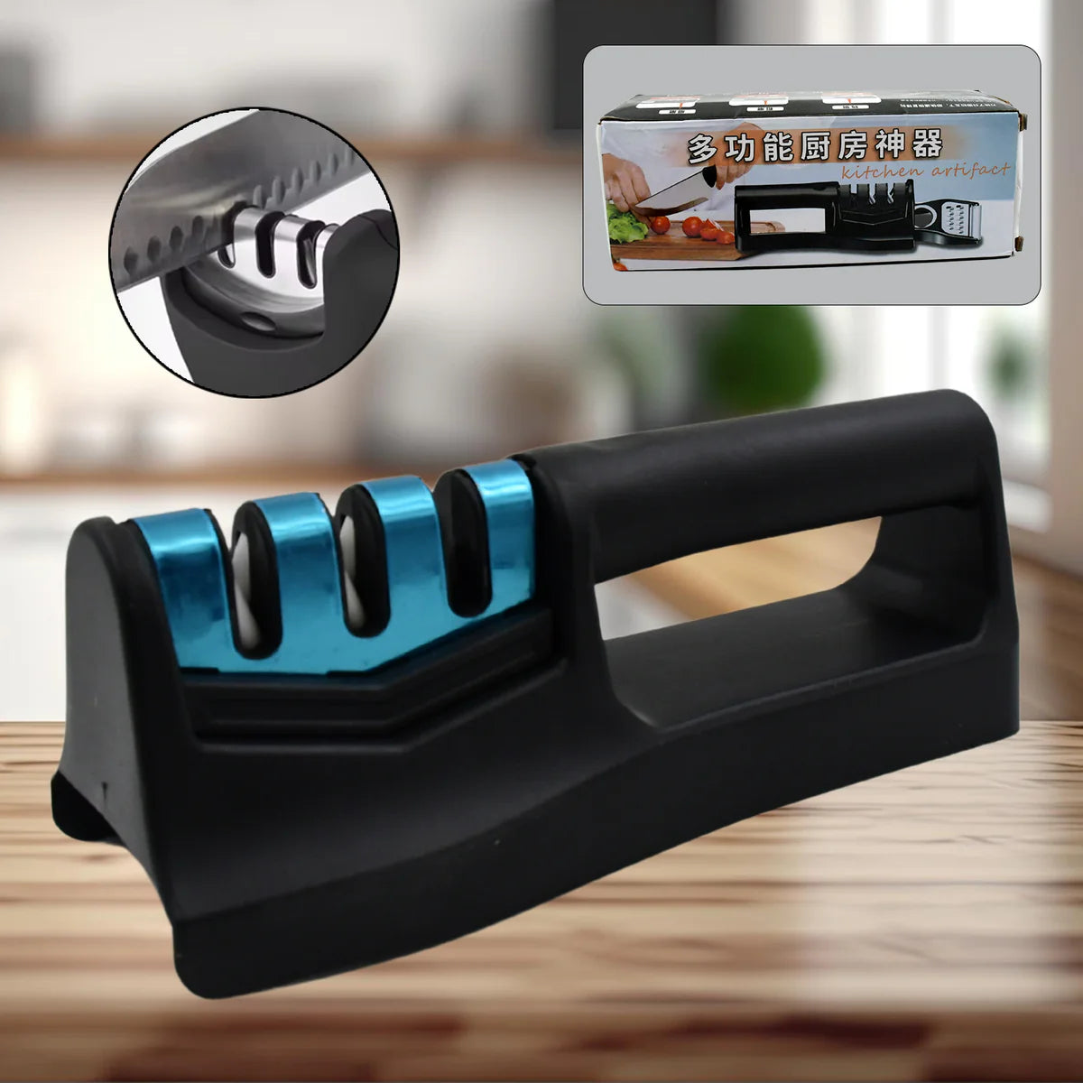 9-in-1 Kitchen Knife Sharpener with Vegetable Chopper & Fish Scale Remover – Handheld Tool for Straight & Serrated Knives (9 inch)