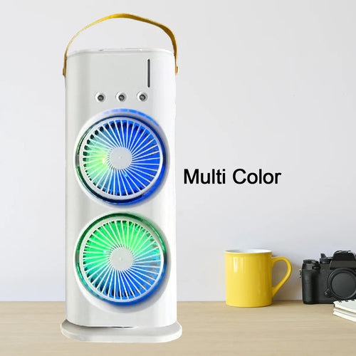 Portable double head electric air cooler fan with 3 speed settings and humidifier spray